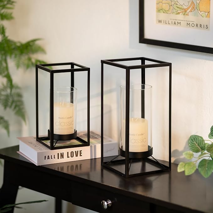 Black Lantern Decorative Indoor Set of 2: Glass Metal Hurricane Candle Holder Modern Farmhouse Lanterns Decor Outdoor for Table Centerpiece Fireplace Wedding