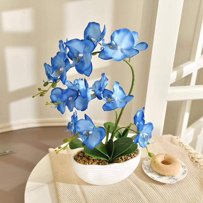 19" H Phalaenopsis Faux Orchid Plant Silk Orchid Centerpiece Artificial Floral Arrangement in Ceramic Pot (Blue)