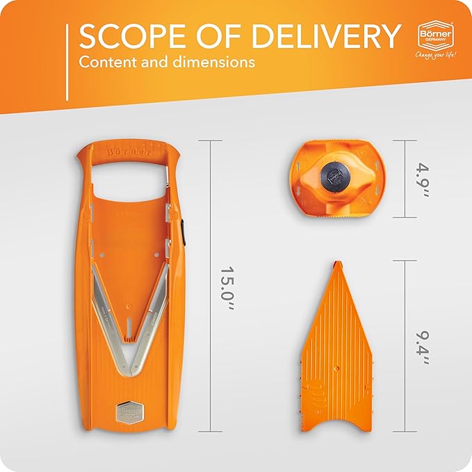 Mandoline Food Slicer Börner V5 (Basic Set) by Reston Lloyd • V-Slicer with Food Holder • Made in Germany • Fruit & Vegetable Chopper • Multiple Settings • Color: Orange