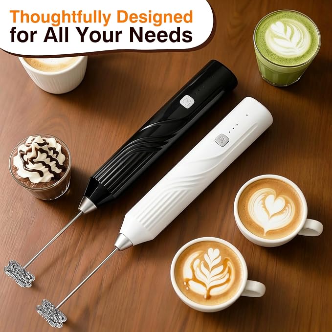 Milk Frother Handheld, Rechargeable Coffee Frother Wand with 3 Speeds, Electric Foam Maker Drink Mixer for Lattes Cappuccino Matcha Eggs, Hand Mixer for Hot/Cold Milk,White