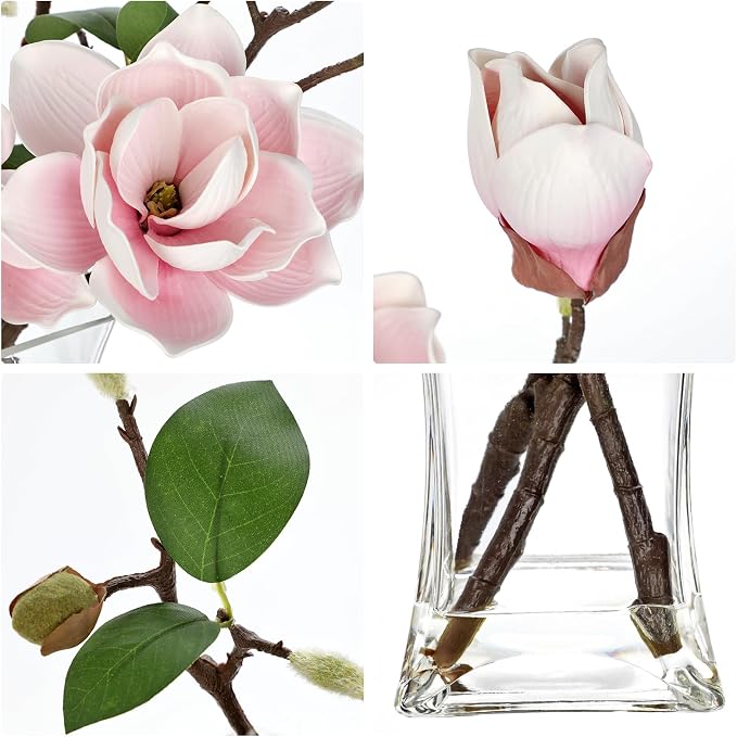 Briful Artificial Magnolia Flower Arrangement with Glass Vase, 18.5in Pink Faux Magnolia Flowers Fake Floral Centerpiece for Eleglant Home Office Room Table Shelf Décor