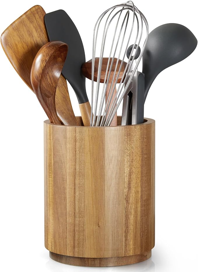 Bivvclaz Acacia Wood Utensil Holder, 360°Rotating 7.2" Utensil Holder for Kitchen Counter, Large Kitchen Utensil Holder, Cooking Utensil Crock for Countertop, Farmhouse Kitchen Decor and Accessories