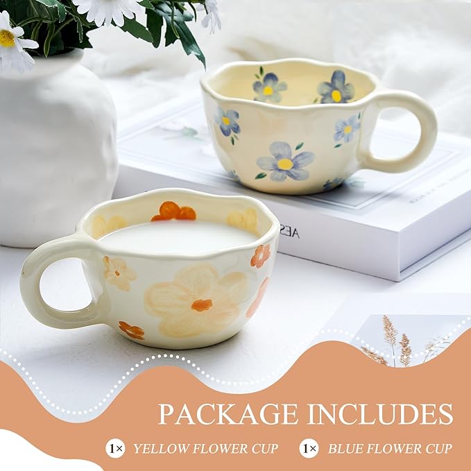 Vesici 2 Pcs Ceramic Coffee Mugs with Spoon, Vintage Floral Spring Mugs with Handle, 8.5 oz Aesthetic Flower Porcelain Tea Cup Set, Dishwasher & Microwave Safe Mothers Day Gifts for Mom(Vivid)