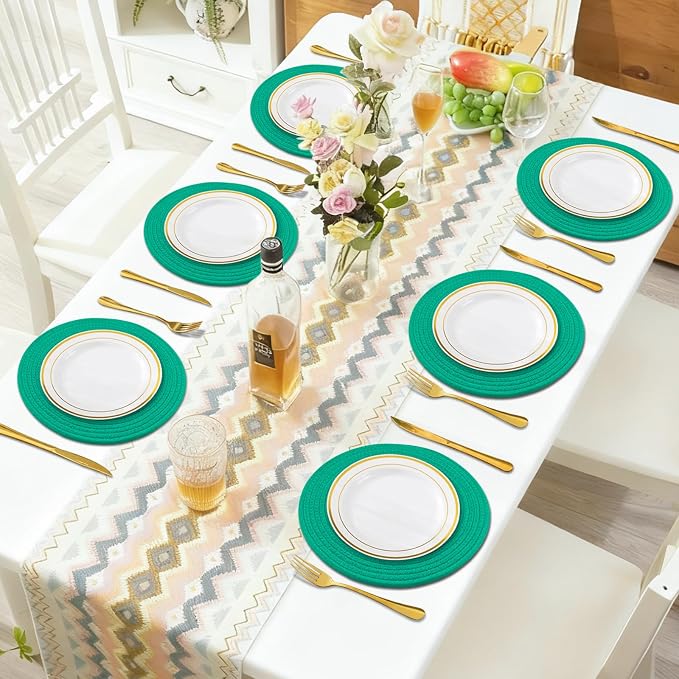 Round Placemats Set of 6, Cotton Rope Woven Table Mats, Hot Pads for Kitchen, Non Slip Heat Resistant Place Mats, 13 Inches Braided Placemat for Farmhouse Decor and Kitchen Table Decor (Turquoise)