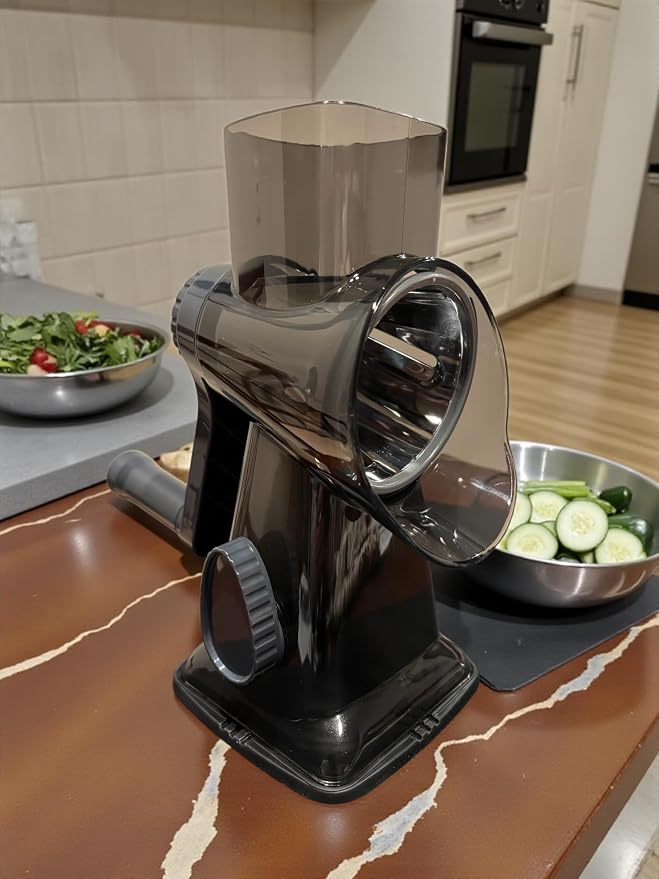 Rotary Cheese Grater | Hand Crank Grates Cheese, Vegetables, Nuts and Chocolate | 3 Stainless Steel Blades | Strong Suction Base | Easy to Clean | One Piece Body | Charcoal Gray and Teal