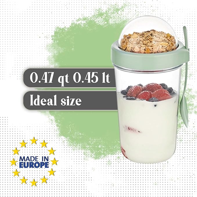 Hakan 15 oz Glass Muesli Container, Cereal Container Storage, Reusable Snack Cup with Lid, Cereal On the Go Cup, Meal Prep Container, Container with Lid for Yogurt, Snack, Fruit, Custard