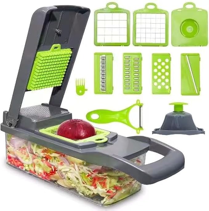 Vegetable Chopper: 16 in 1 Food Chopper - Onion Vegetable Slicer Cutter Dicer, Veggie Cutter with Container, 7 Blades, Kitchen Gadgets for Carrot Salad Garlic Potato Slicer (Grey)