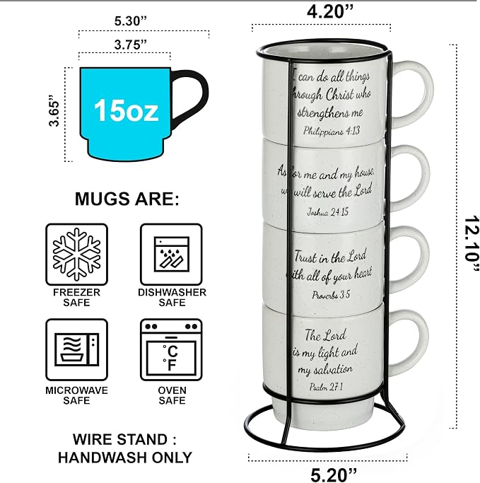 Signature Housewares Stackable Coffee Mug Tower Set with Metal Wire Rack - 15 Ounce Coffee Mugs for Coffee, Tea, Cocoa, Milk, Cappuccino, Hot Chocolate Set of 4 - Inspirational Bible Verses
