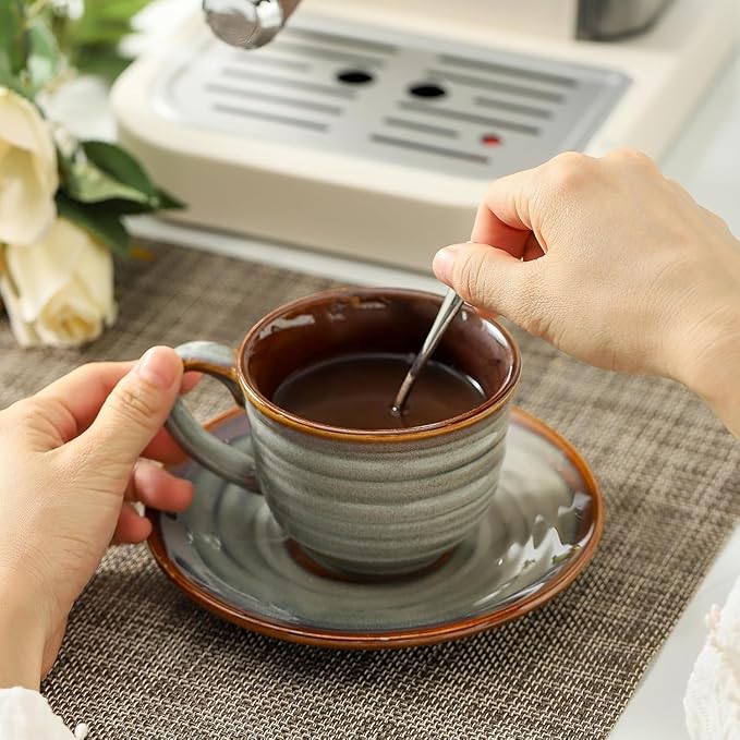 Ceramic Espresso Cups with Saucers 8 Oz,Set of 4 Cappuccino Mug with Handle for Coffee,Tea,Latte and Macchiato,Porcelain Demitasse Cups Set for Kitchen and Cafe,Christmas Gift,Brown