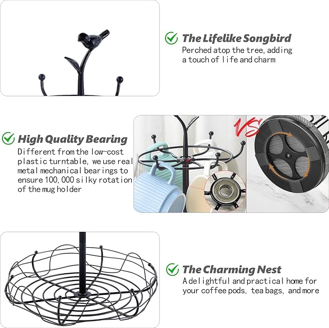 Rotating Mug Tree for Countertop | Decorative Bird & Nest Mug Holder with Storage Basket | Holds 6 Mugs & Pods | 360° Spinning Coffee Cup Rack for Kitchen, Coffee Bar Accessories & Home Décor