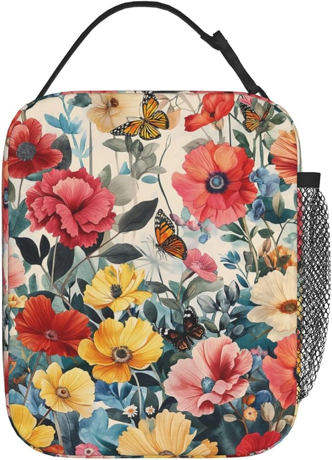 Floral Lunch Box for Adults Women Girls Boys Kids Butterfly Flower Lunch Box Insulated Cooler Reusable Lunch Bag Container Gifts for Work Office Picnic Travel School