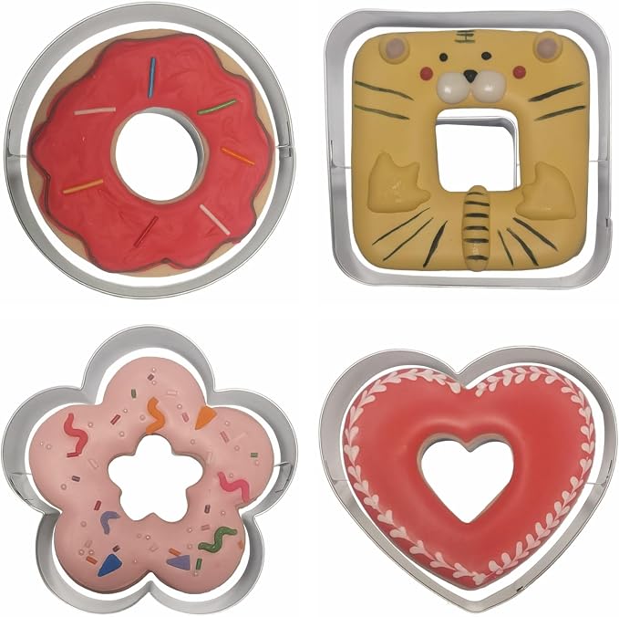 4-Piece Linzer Cookie Cutters Set - Stainless Steel Large Fondant Biscuit Molds for Birthday Party, Graduation, Christmas, and Holiday Baking DIY (Round, Square, Heart, Flower)