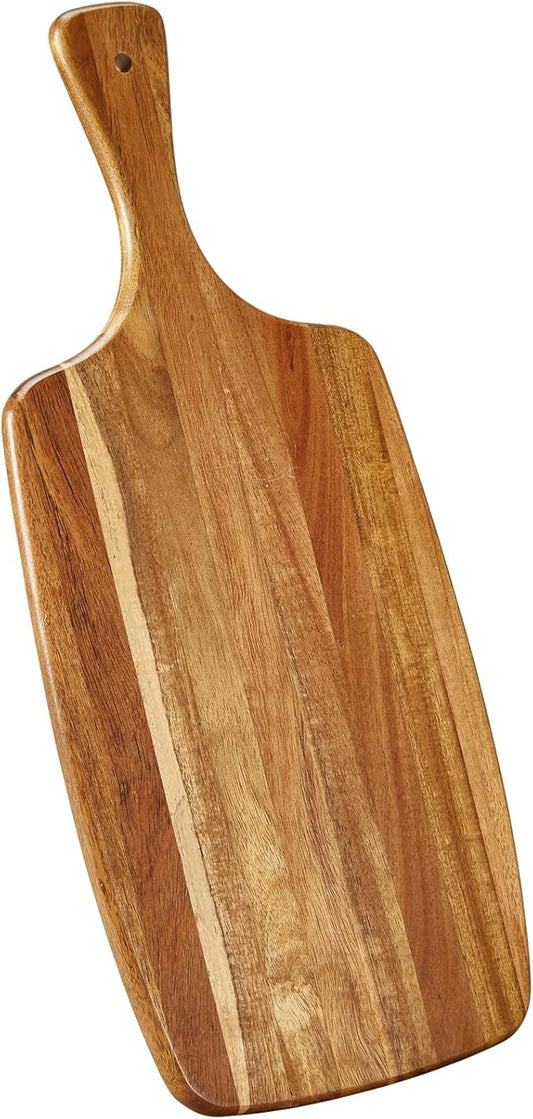 Acacia Wood Cutting Board and Cheese Board with Handle for Braed, Chopping Board, Meat, Fruits and Charcuterie - Decorative Wooden Serving Board for Kitchen, 17x7 Inch