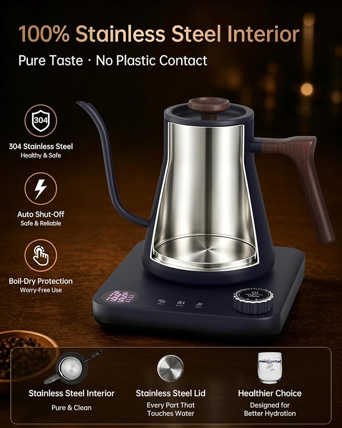 Gooseneck Electric Kettle for Pour Over Coffee, ±1°F Precision Control, Smart Two-Stage Heating, 2-Hour Keep Warm, 0.9L Stainless Steel, Blue Wood Handle