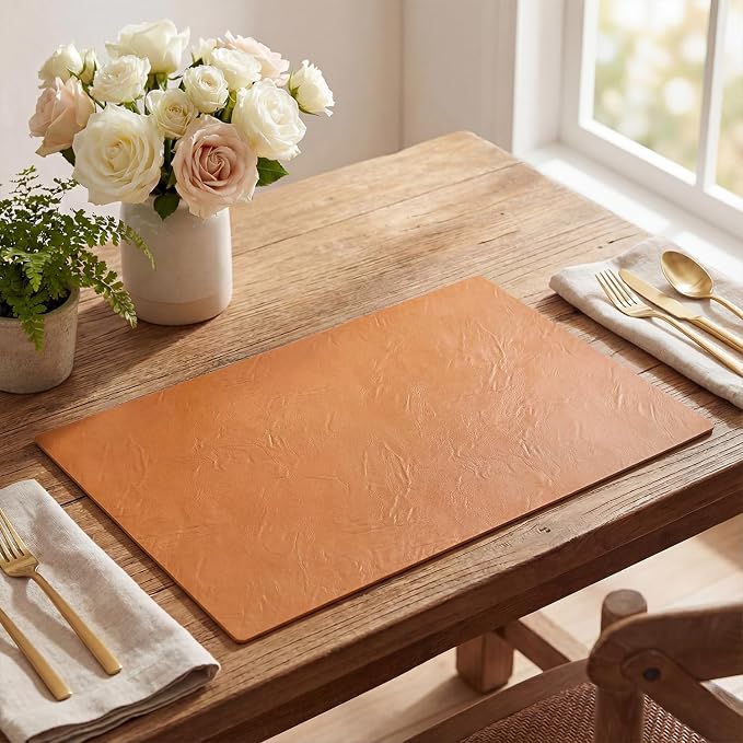 Artoid Mode Rust Faux Leather Placemats Set of 6, 12x18 Inch Waterproof Wipeable Heat Resistant Vinyl Place Mats, Reversible Table Mats for Fall Kitchen Dining Decor