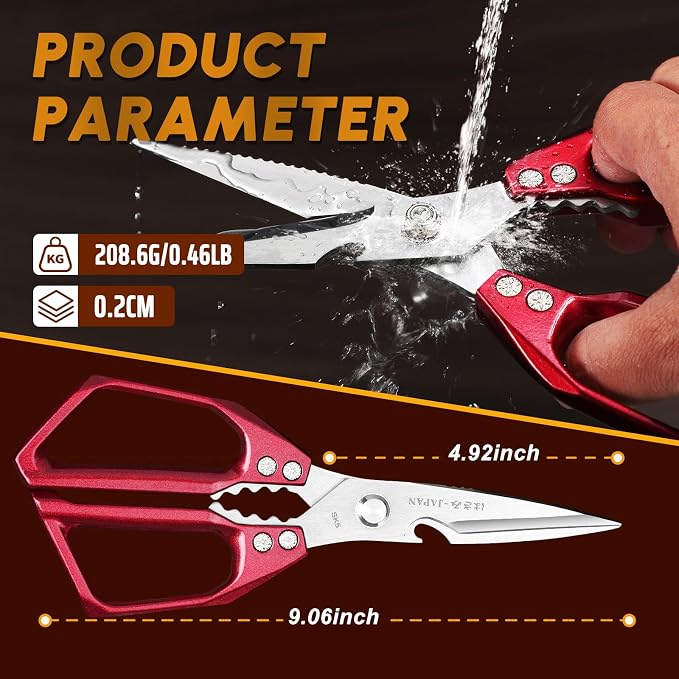 Huusk Kitchen Scissors Set Red - Japanese Kitchen Shears, Heavy Duty Poultry Shears, Sharp Meat Scissors for Food, Chicken Bones, and Turkey, Gifts for Women Men