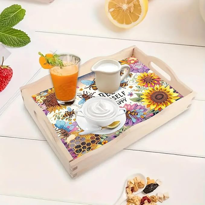 BAYUNOE DIY Diamond Serving Tray Rectangular Breakfast Tray with Handle Handmade Diamond Art Painting Wooden Tray Spring Creative Dinner Plate Coffee Room Living Home Organizer-Sunflower Bee