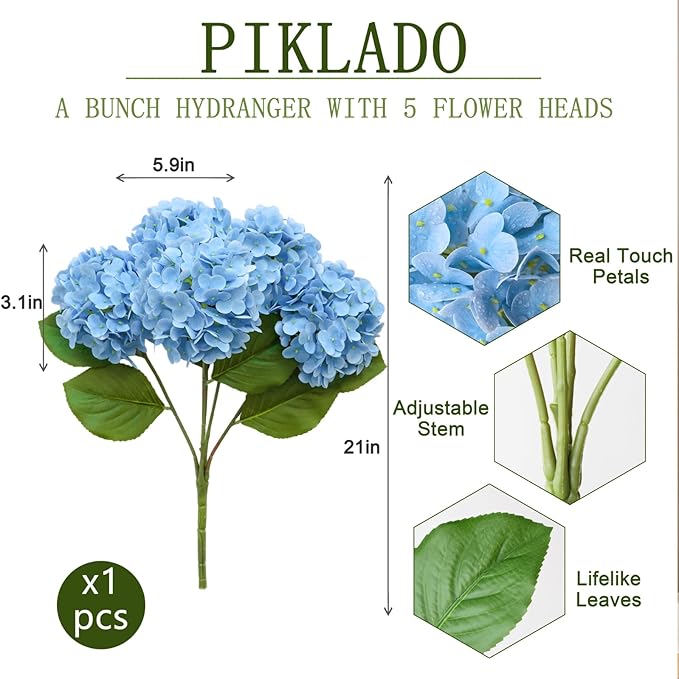 A Bunch 21in, Real Touch Hydrangea Artificial Flowers, with 5pcs Flower Head 10pcs Leaves, Faux Hydrangea Flowers for Home Office Decor Wedding Party Arrangements (1, Blue)