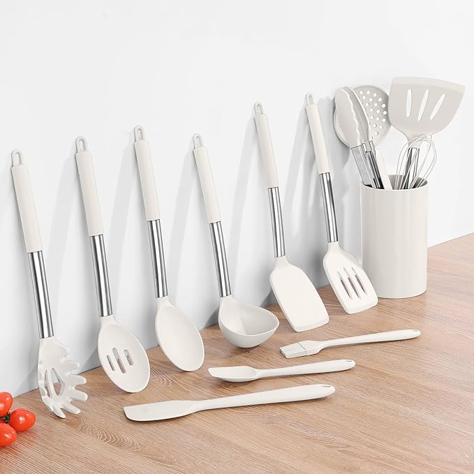 Onader Silicone Kitchen Utensils Set, 15pcs White Silicone Cooking Utensils Set with Holder, Includes Heat Resistant Spatula Turner Spoon Whisk Tong