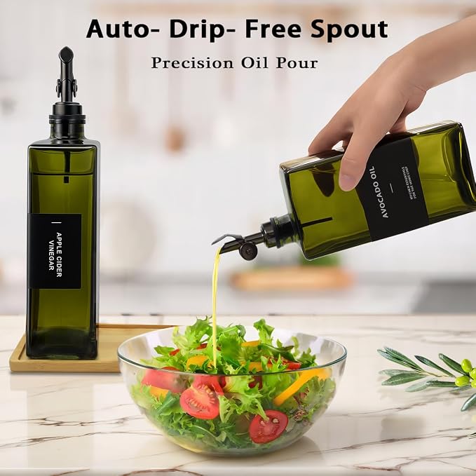 Olive Oil Dispenser Bottle for Kitchen with Bamboo Tray- 16.9oz Glass Oil and Vinegar Dispenser Set, Soy Sauce & Syrup Bottle, Modern Hostess Gift (Green, Set of 2)