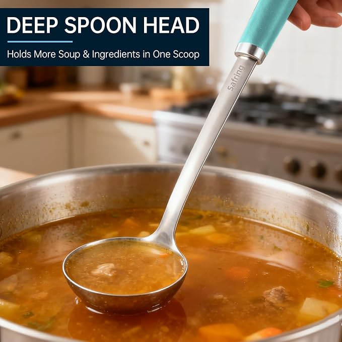 Safring Stainless Steel Soup Ladle and Spaghetti Spoon Set, Heat Resistant Rubber Handle, Dishwasher Safe, Kitchen Utensils for Cooking, Stirring, Serving Pasta, Soup & Sauce (Aqua Sky)