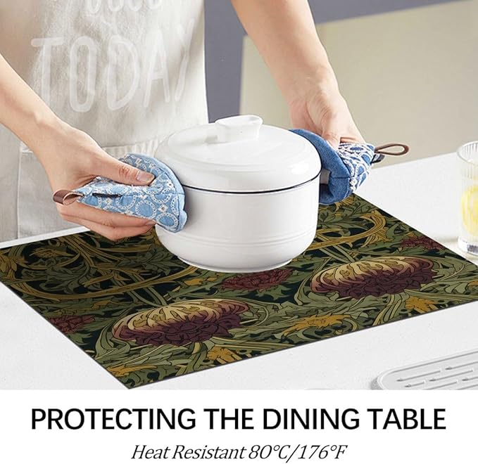 William Morris Placemats Set of 6 Vintage Moody Floral Rustic Botanical Washable Heat Resistant Place Mats for Dining Table Dark Academia Linen Woven Wipeable Kitchen Table Mats Green