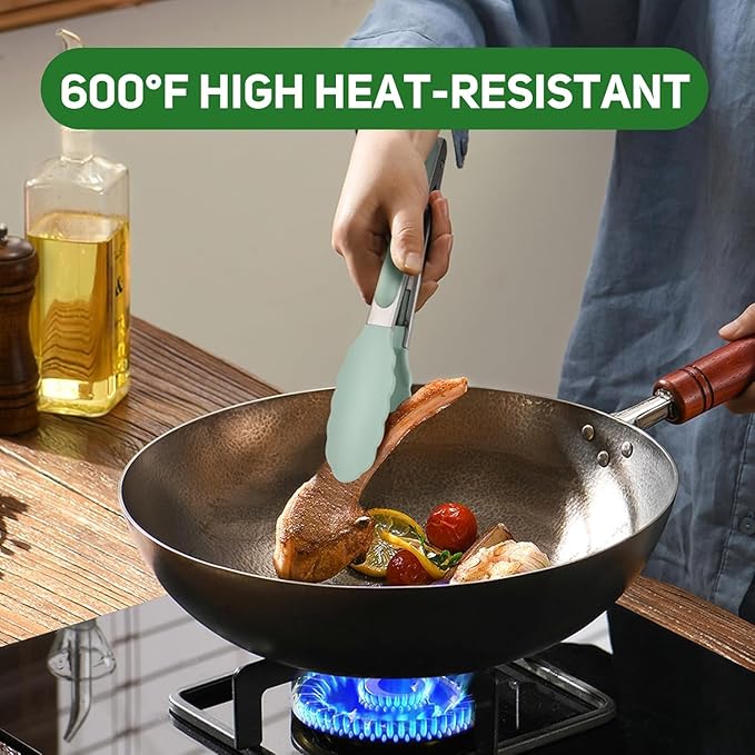 Kitchen Tongs, Stainless Steel Cooking Tongs with Silicone Tips, 600ºF High Heat-Resistant Non Scratch Locking Tongs for Cooking BBQ Grilling Air Fryer Pans, Set of 3 (7" 9" and 12") Sage Green