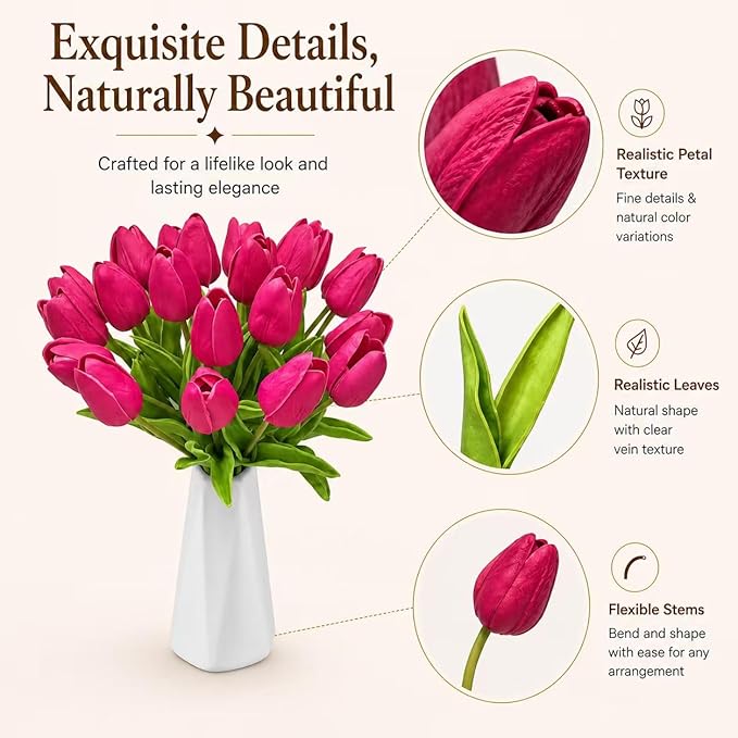 Mandy's Hot Pink Artificial Tulips Flowers Centerpiece, 13.5" Lifelike PU Fake Floral Stems 20pcs for Kitchen Island & Dining Table, Spring Decor for Easter