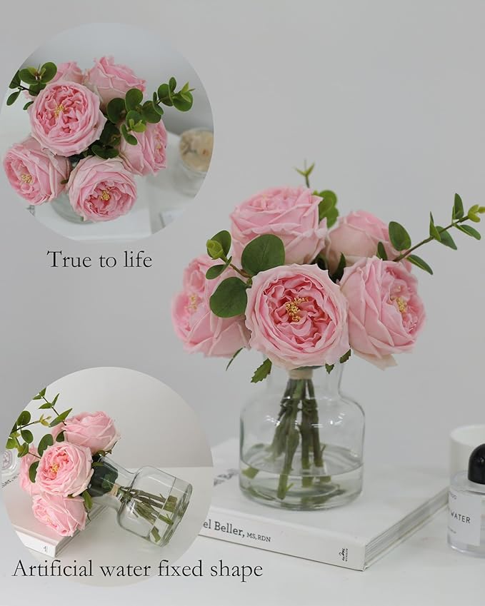 CHASMILE Artificial Flowers with Pink Roses in Vase, Lifelike Fake Flowers in Vase, Faux Flower Arrangements for Dining Table Centerpiece Decor, Table Centerpieces for Dining Room