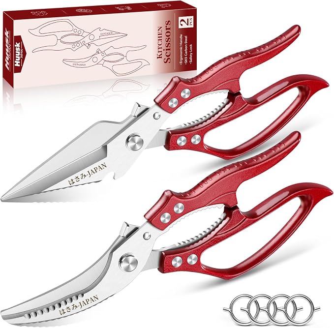 Huusk Heavy Duty Kitchen Scissors Set – All Purpose Japanese Poultry Shears for Chicken, Meat, Fish, Vegetables & Pizza with Ergonomic Non-Slip Red Handle, Gifts for Women Men