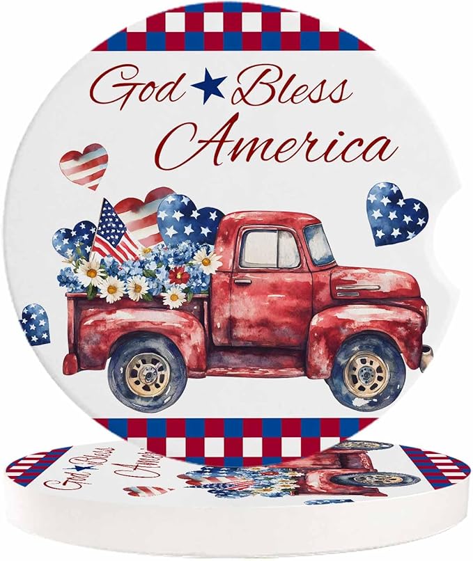 4th of July Car Drinks Coasters Red Truck Flowers Heart Red White and Blue Plaid Check Round Coaster Car Accessories with Absorbent Ceramic Stone Finger Notch for Easy Removal (Set of 6 Pack)