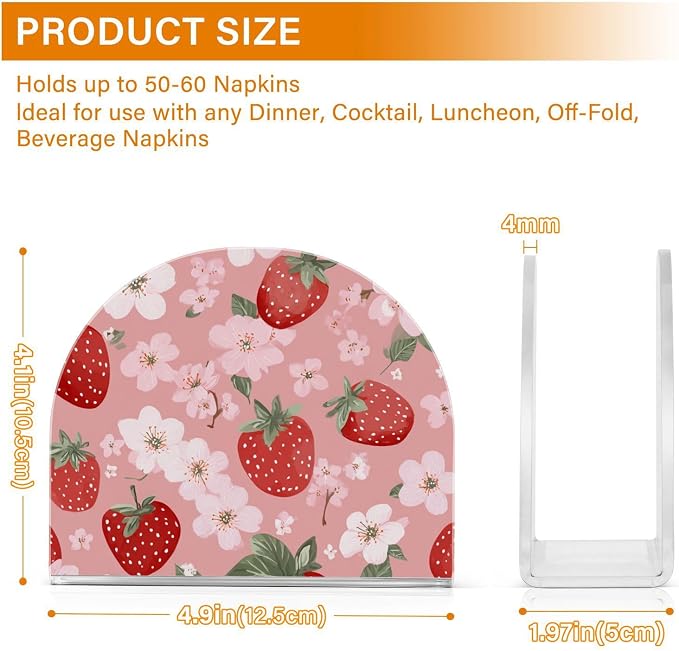 Napkin Holder Acrylic Napkin Holder for Table Kitchen Party Restaurant U Shaped Upright Napkin Dispenser Organizer Pink Blossoms and Strawberries