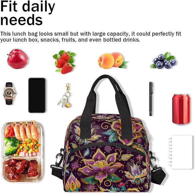 Pardick Ethnic Flower Purple Insulated Lunch Bag for Women Girl Reusable Lunch Tote Box With Shoulder Strap Lightweight Thermal Cooler Meal Prep Bag for Work School Office Picnic