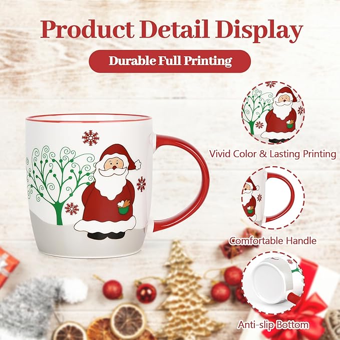 YHRJWN Christmas Mugs Set of 4, Merry Christmas Coffee Mugs with Reindeer, Santa, Snowman, Penguin Designs, Holiday Gifts for Family & Friends, 11 Oz