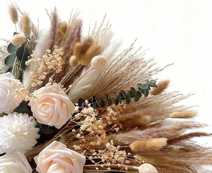 Indoor Artificial Dried Flowers with Vase for Table Top Decor,Natural Dried Pampas Grass Bouquet Faux Flowers in Vase for Wedding,Home,Kitchen,Rustic Decoration (Natural Champagne)
