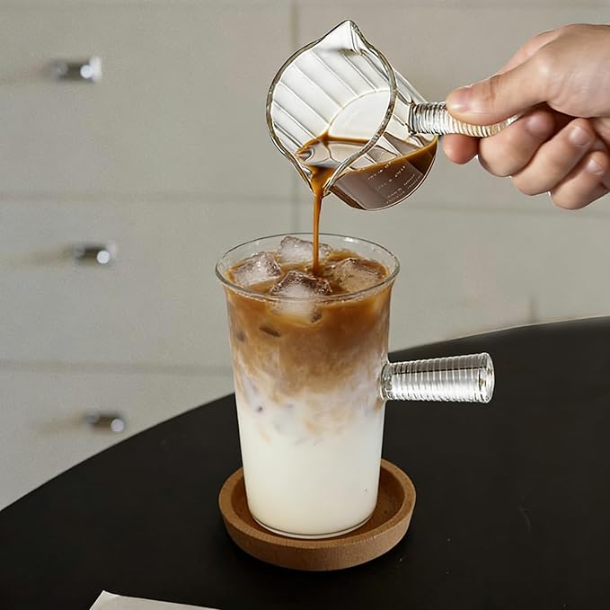 Glass Espresso Shot Measuring Cup Set, Clear, Double Spout Design with Glass Handle for Dishwasher Safe, 4 oz Capacity, 2 Pack, Coffee Bar Accessories (Clear)