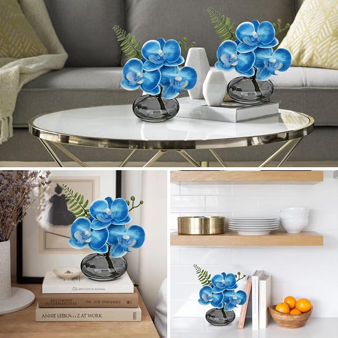 Blue Orchids Artificial Flowers Faux Orchids Arrangement in Glass Vases | Set of 3 Real Touch Phalaenopsis Orchid Flowers Small Fake Orchid Centerpiece for Dining Room Table