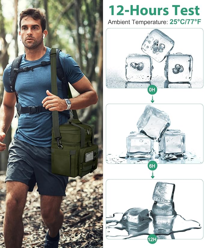 Tactical Lunch Box for Men, Large Insulated Lunch Bag for Adult, Heavy Duty Double Deck Expandable Lunch Cooler Bag with American Flag, Leakproof Soft Lunch Pail for Work Office Camping - Green