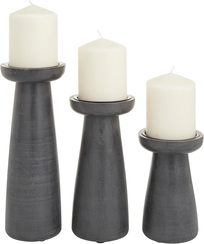 CosmoLiving by Cosmopolitan Mango Wood Decorative Candle Holder Pillar Candle Stand, Set of 3 Candlestick Holder 10", 8", 6" H, Dark Gray