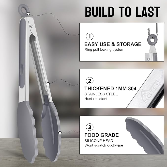 HOTEC Premium Stainless Steel Locking Kitchen Tongs with Silicon Tips, Set of 2-9" and 12" Light Grey