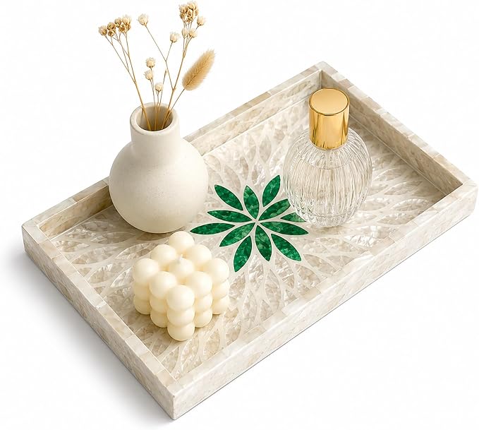 Mother of Pearl Inlay Wooden Tray – Handmade Decorative Rectangle Serving Tray for Coffee Table, Kitchen, Bathroom, Vanity or Living Room Decor,White and Green Leaves