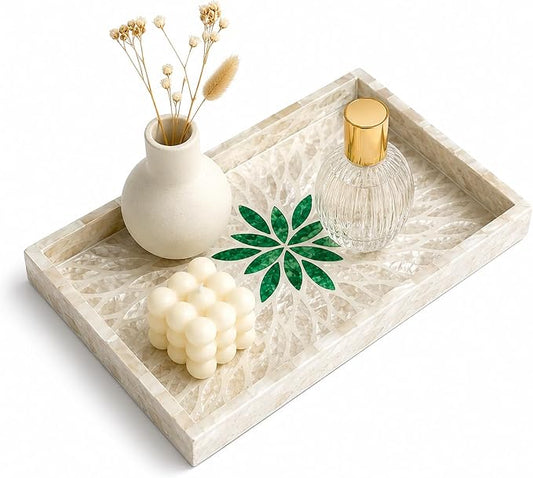 Mother of Pearl Inlay Wooden Tray – Handmade Decorative Rectangle Serving Tray for Coffee Table, Kitchen, Bathroom, Vanity or Living Room Decor,White and Green Leaves