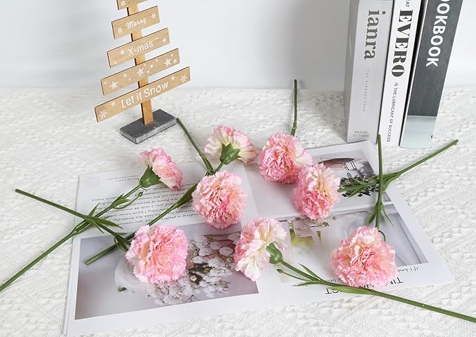 Artificial Carnation Flowers - 15pcs Pink Silk Flowers with Stems for Home Decor, Wedding, Bridal Bouquet, Anniversary, Birthday and Floral Arrangements