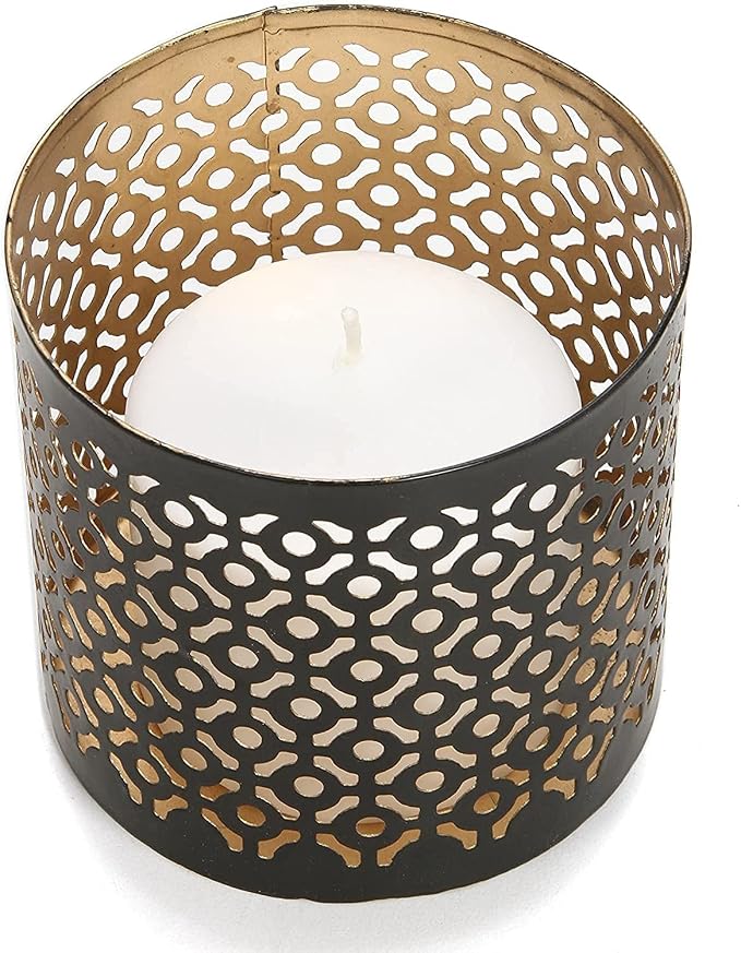 Hosley Set of 2 Black (Gold Inside) Metal Jar Holder Candle Sleeve 4.5" High. Votive, Tea Light Lanterns Ideal Gift for Weddings, Parties, Spa and Aromatherapy O6