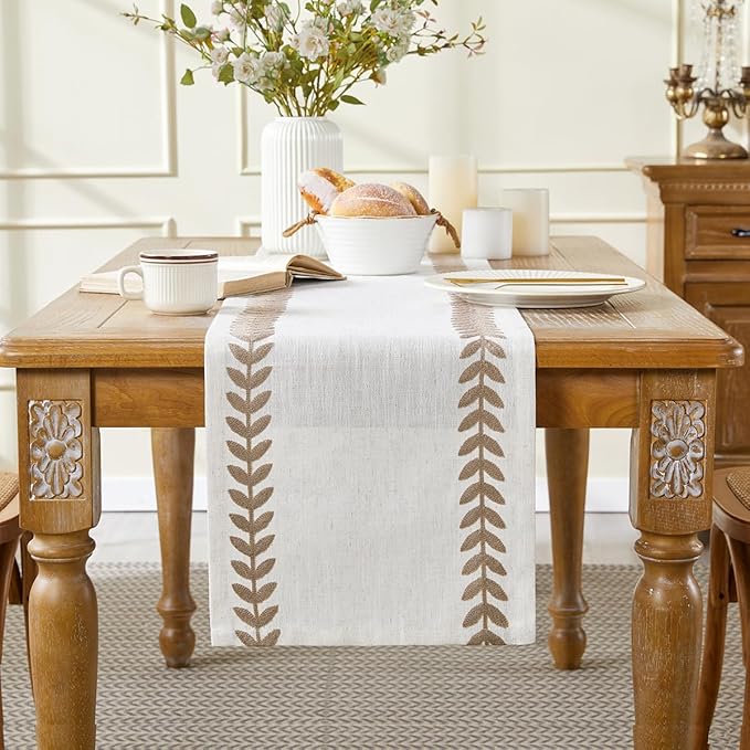 Wracra Embroidered Fall Table Runner Irregular Willow Leaf Table Runners 48 Inches Long for Dresser Home Dining Table Decor,14 x 48 Inch, Taupe