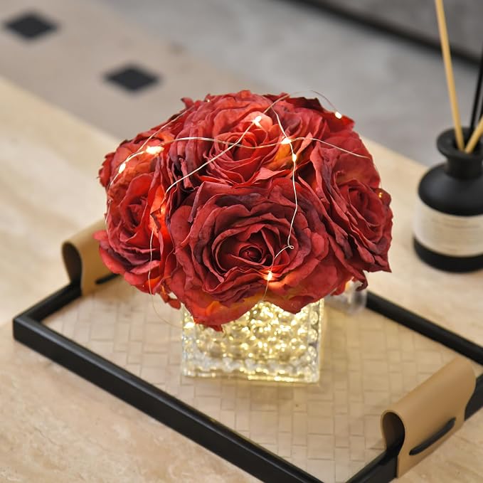 Artificial Rose in Glass Vase Vintage Silk Flower Arrangement with LED Light for Table Centerpiece Home Wedding Decoration (Red)