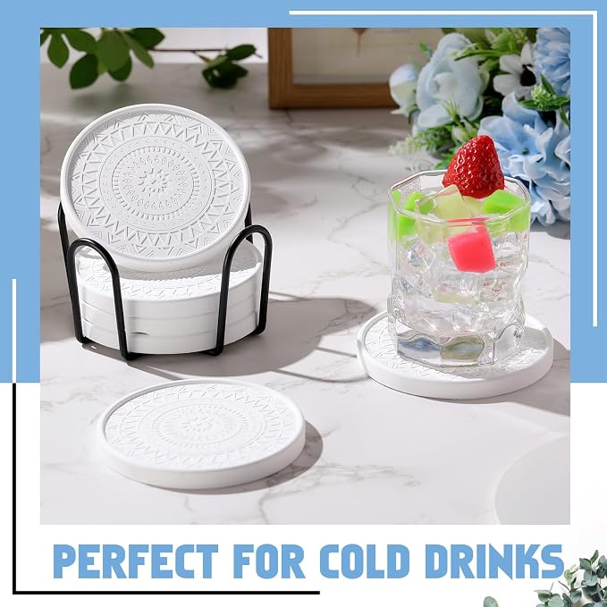 Photect Diatomaceous Earth Coasters Set with Holder Absorbent Stone Drink Coasters Instant Drying Tray for Tabletop Protection Home Decoration Housewarming Gift(White,6 Pcs)