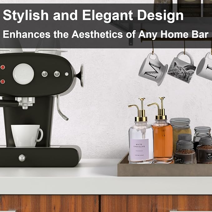 2 Pack 16oz Glass Coffee Syrup Dispenser with Gold Pump, Elegant Coffee Bar Accessories with Labels, Reusable Syrup Bottles for Kitchen, Café & Home Decor