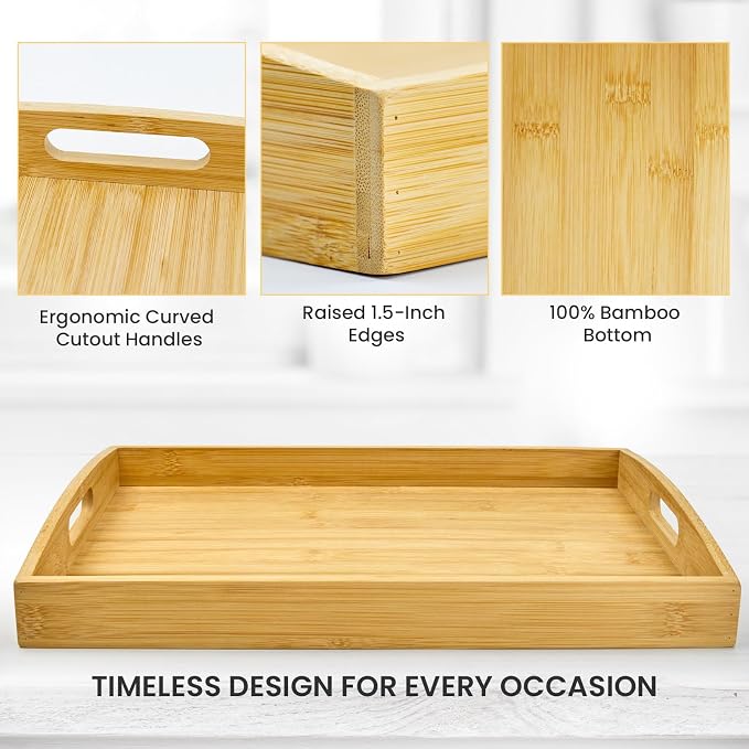 Bamboo Serving Tray with Handles Set of 3 - Decorative Wooden Trays for Eating, Working, and Storing, Suitable for Use in Bedroom, Living Room, Kitchen, Bathroom, Outdoor Scenarios and More