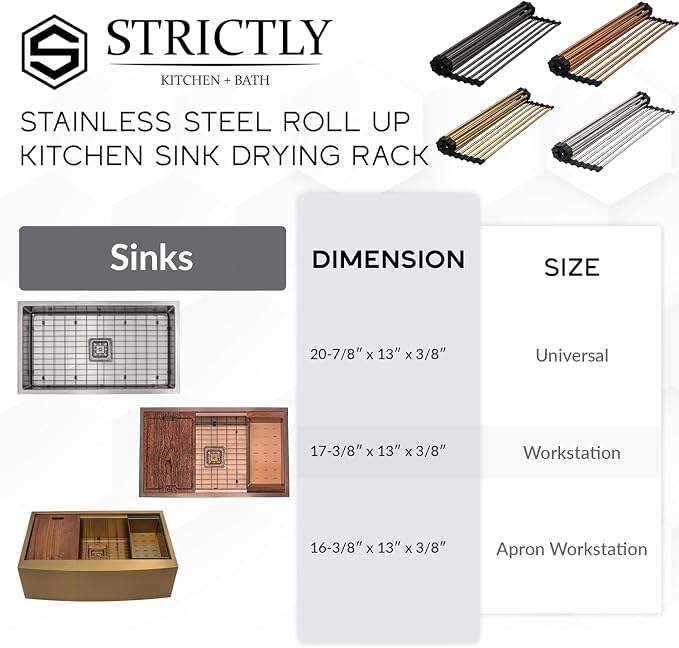 Strictly Sinks Stainless Steel Roll Up Dish Drying Rack – Black 17 Inch Over The Sink Drying Rack Ideal for Workstation Sinks Only – Multipurpose Foldable Kitchen Dish Rack (17-3/8″ x 13″ x 3/8″)